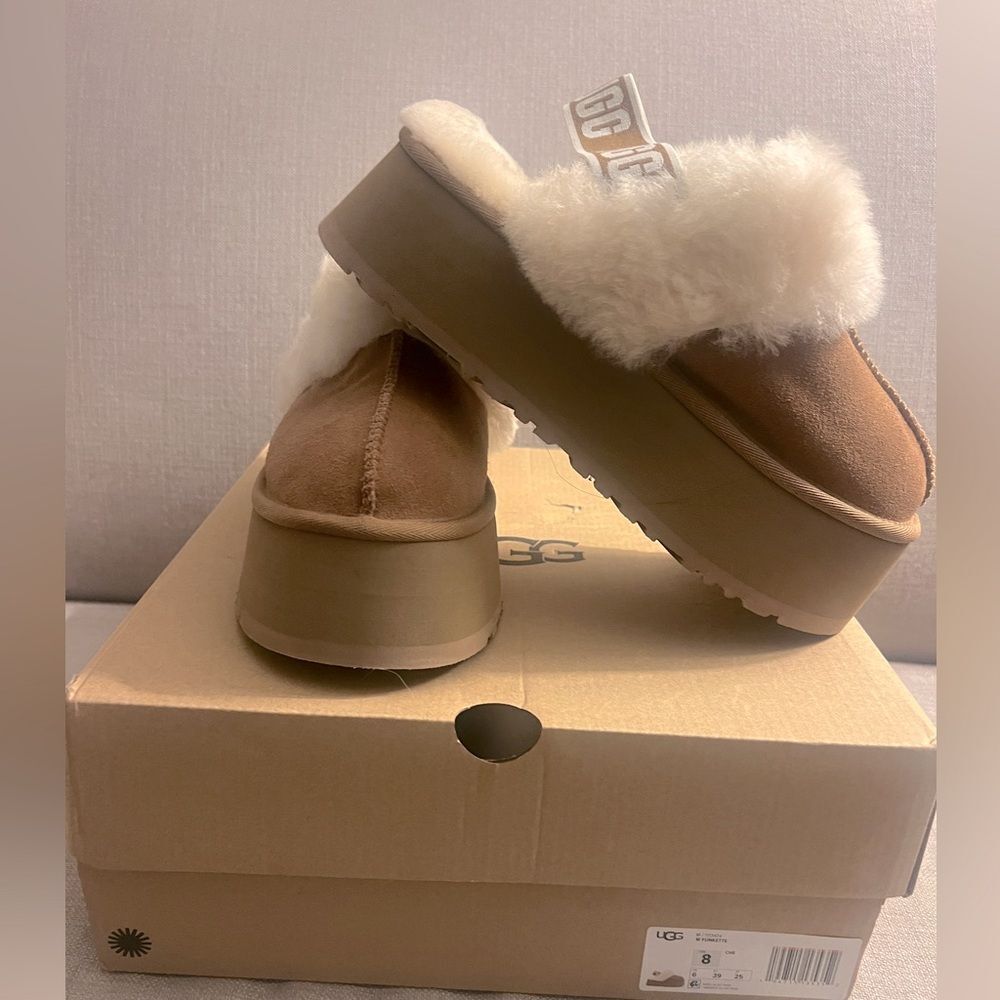 UGG Brown and Cream Platform Funkette with Plush Sheepskin Lining, size 8